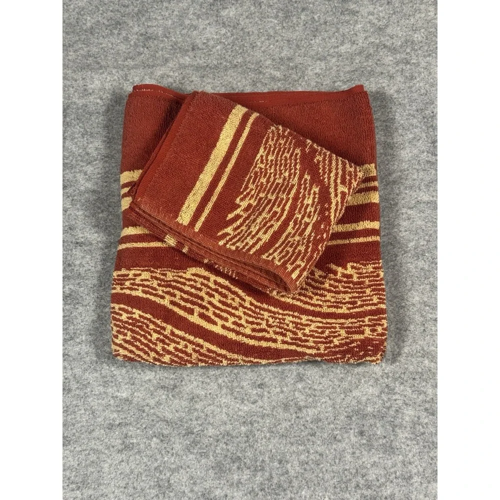 1970's Martex Bath & Hand Towel Vintage Set,  MCM Burnt Orange & Gold Retro, USA